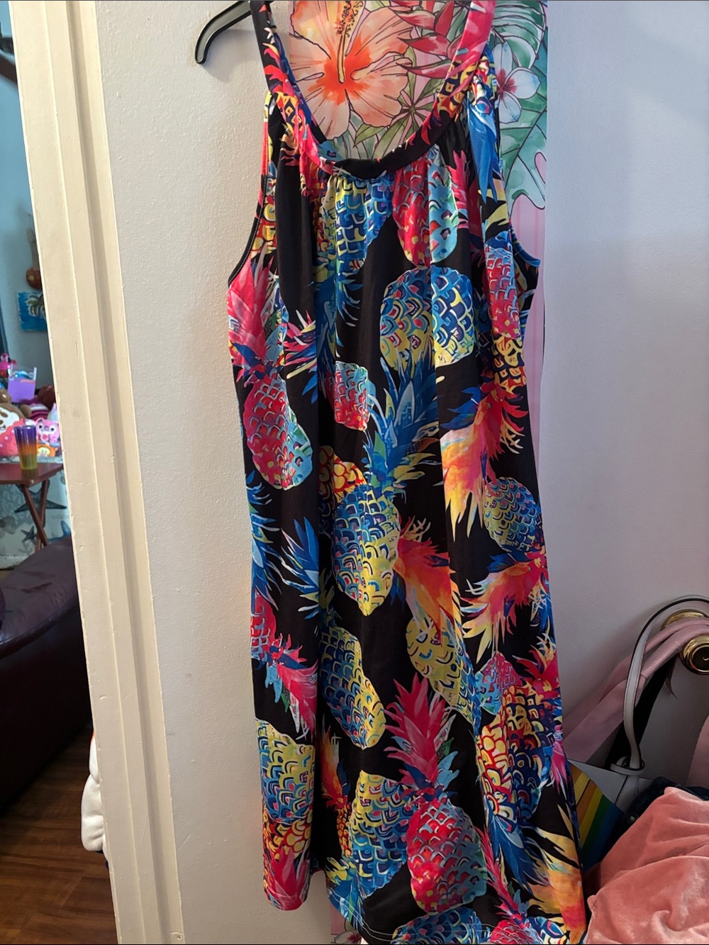 Black Maxi Dress with Multicolor Pineapple Print